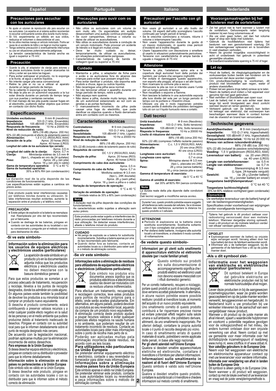 Español português italiano, Especifi caciones, Características técnicas | Dati tecnici, Nederlands, Technische gegevens | Panasonic RPHC56E User Manual | Page 2 / 8
