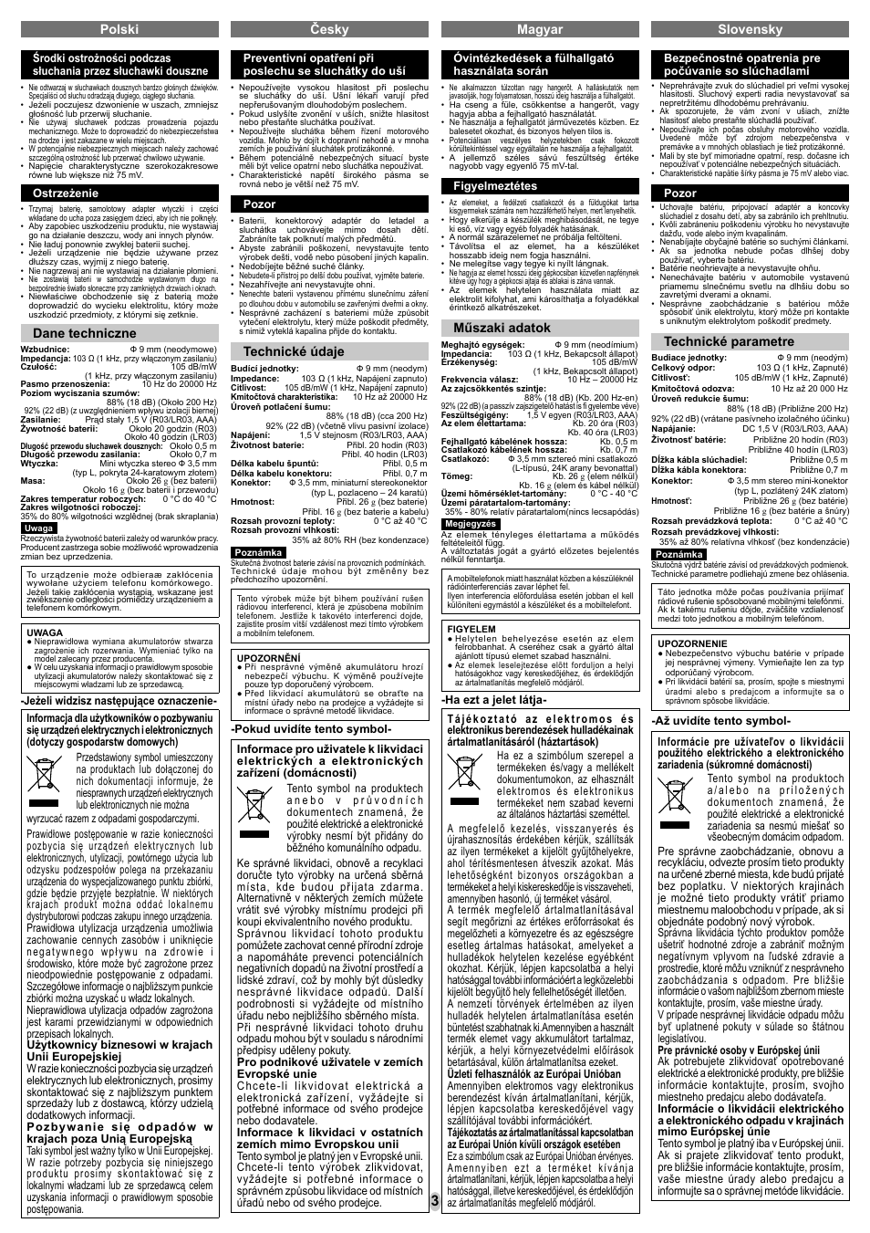 Polski česky magyar slovensky, Technické parametre, Dane techniczne | Technické údaje, Műszaki adatok | Panasonic RPHC56E User Manual | Page 3 / 8