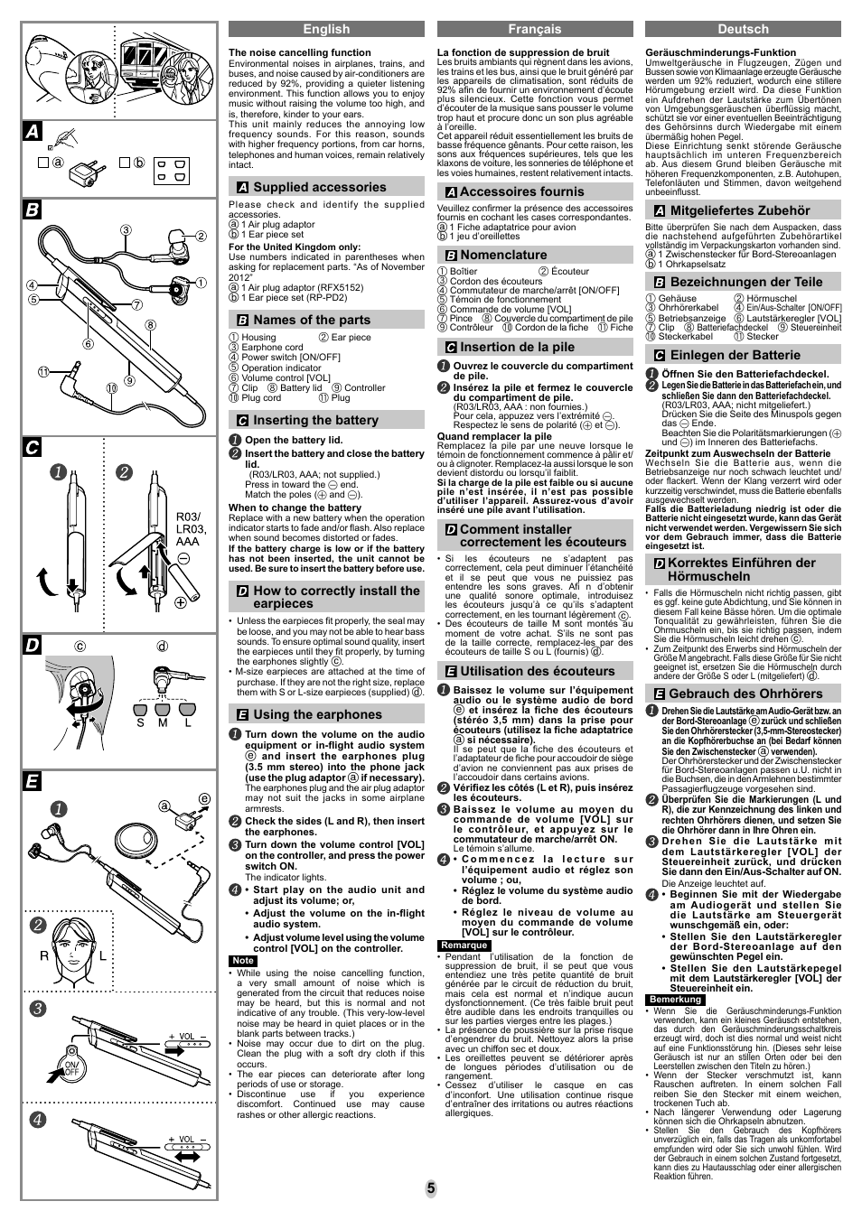 Français deutsch english, Supplied accessories, Names of the parts | Inserting the battery, How to correctly install the earpieces, Using the earphones, Accessoires fournis, Nomenclature, Insertion de la pile, Comment installer correctement les écouteurs | Panasonic RPHC56E User Manual | Page 5 / 8