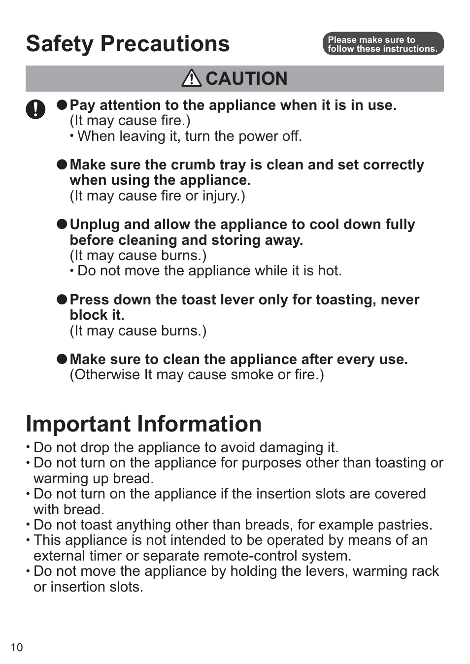 Safety precautions, Important information, Caution | Pay attention to the appliance when it is in use, Otherwise it may cause smoke or fire.), Do not drop the appliance to avoid damaging it, Or insertion slots | Panasonic NTDP1BXE User Manual | Page 11 / 78