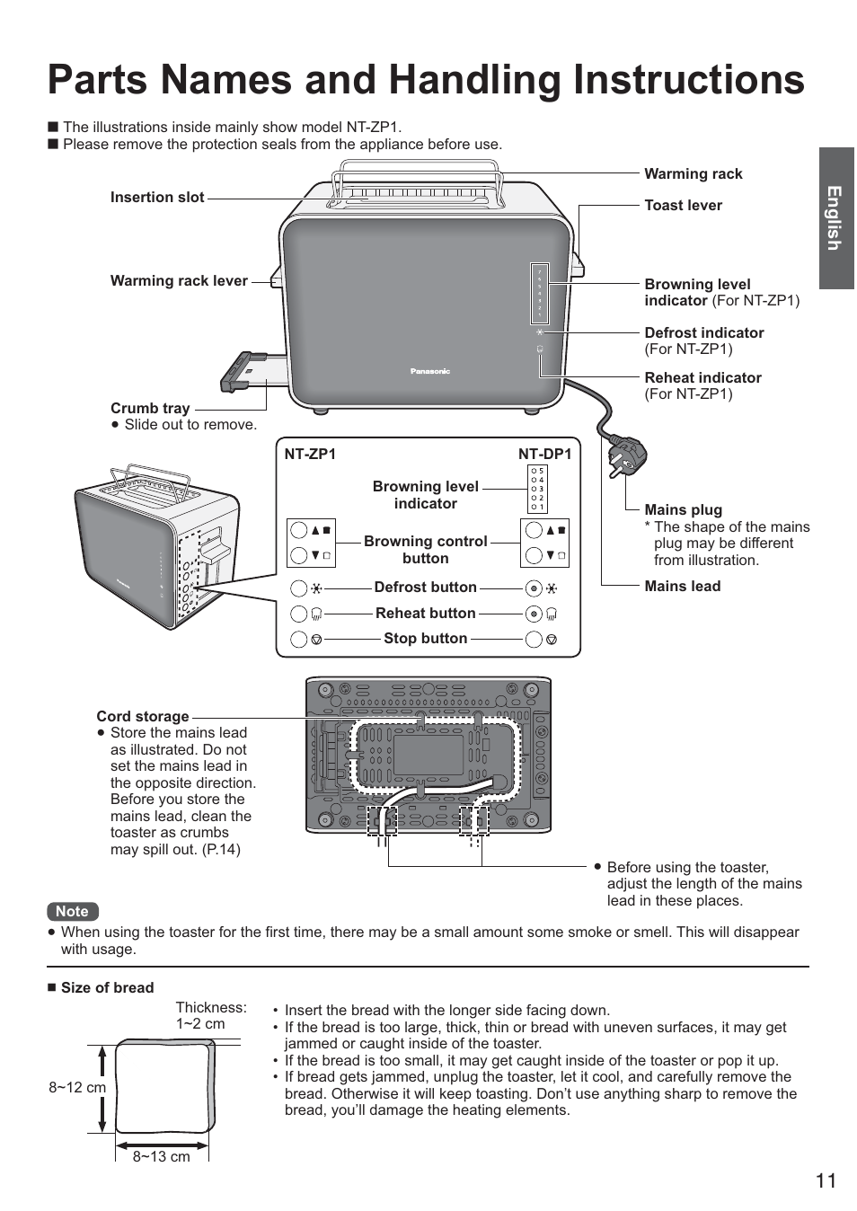 Parts names and handling instructions | Panasonic NTDP1BXE User Manual | Page 12 / 78