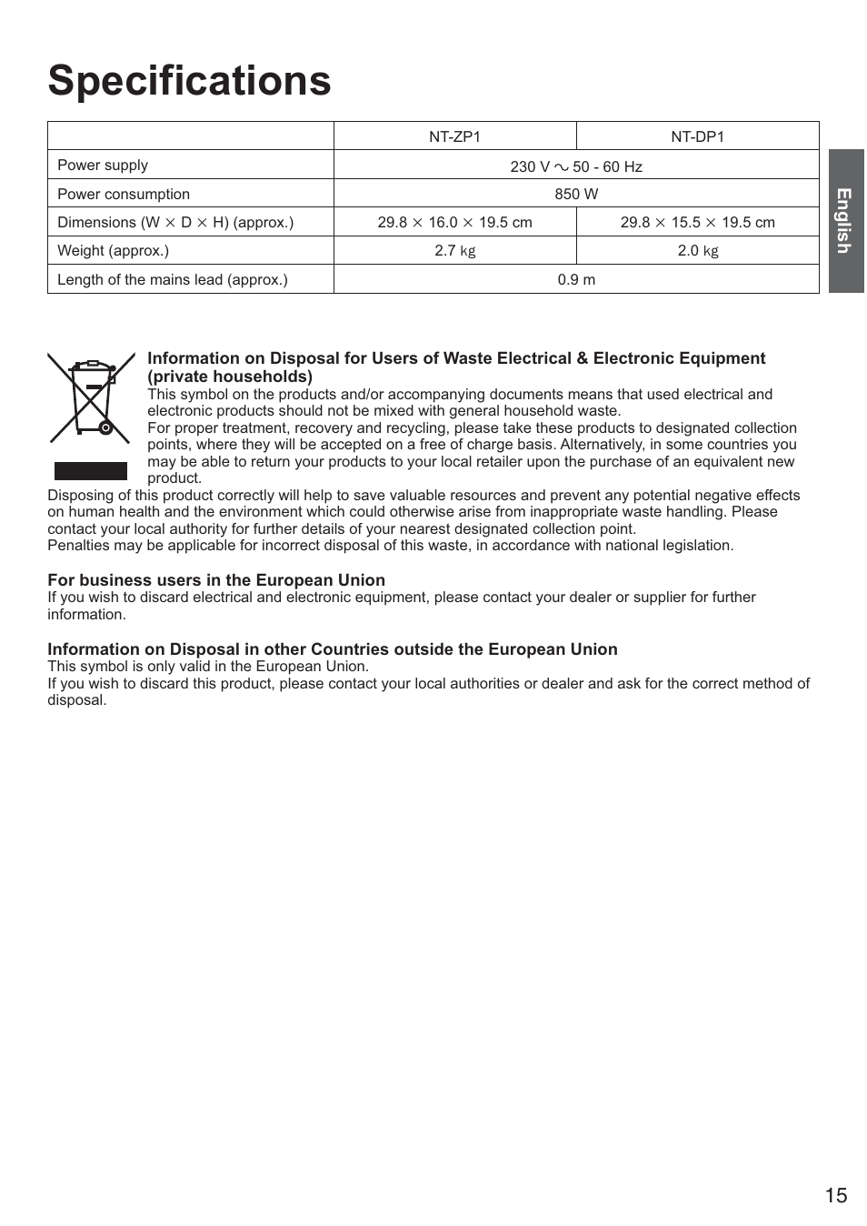 Specifications | Panasonic NTDP1BXE User Manual | Page 16 / 78