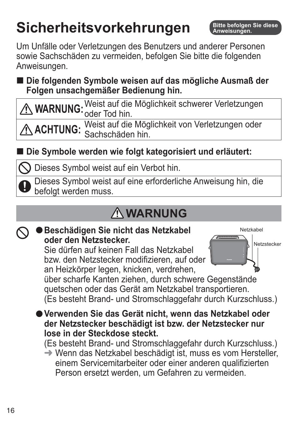 Sicherheitsvorkehrungen, Warnung, Achtung | Panasonic NTDP1BXE User Manual | Page 17 / 78