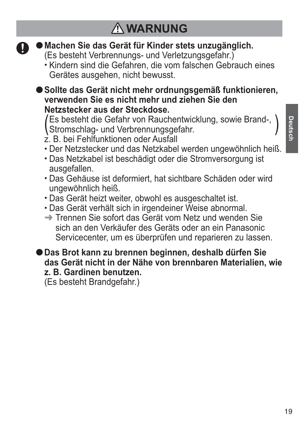 Warnung | Panasonic NTDP1BXE User Manual | Page 20 / 78