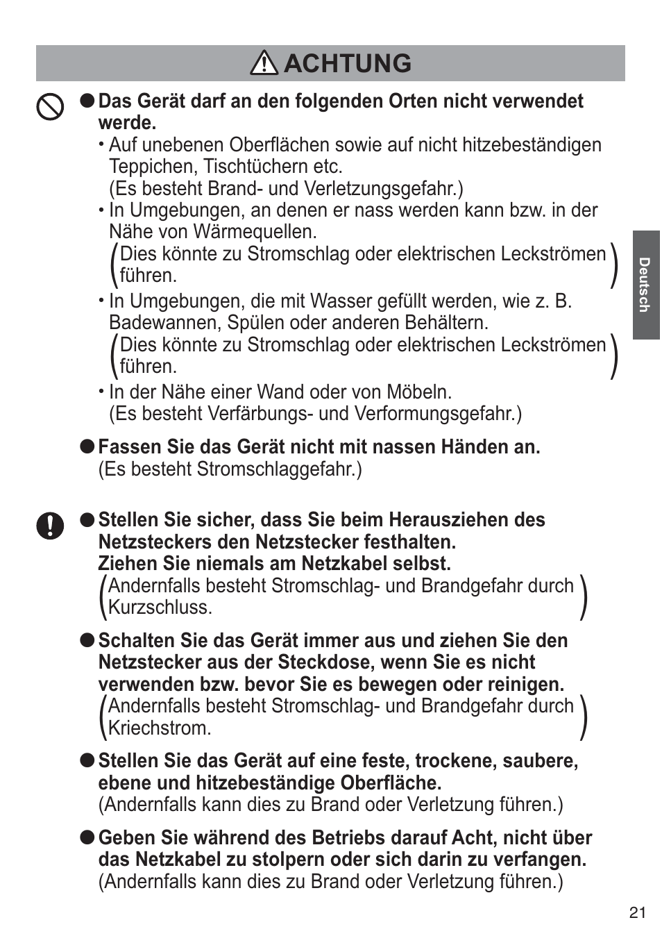 Achtung | Panasonic NTDP1BXE User Manual | Page 22 / 78