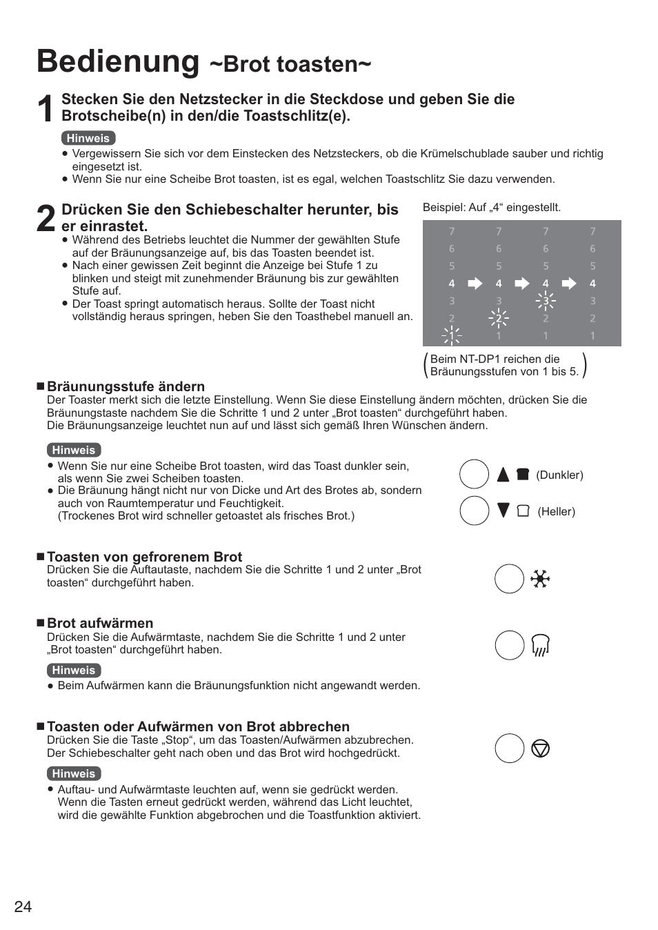 Bedienung, Brot toasten | Panasonic NTDP1BXE User Manual | Page 25 / 78