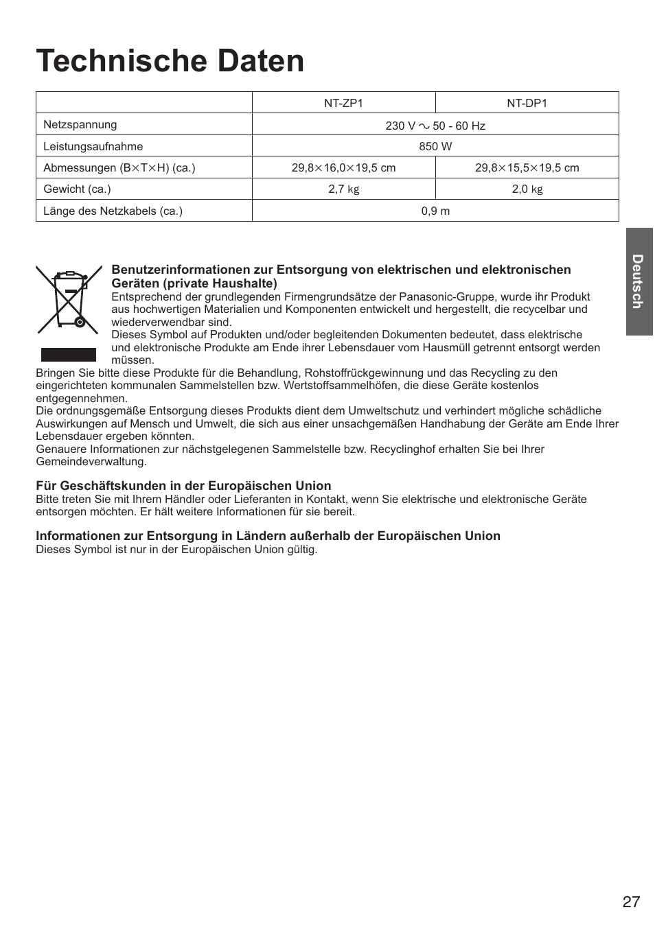 Technische daten | Panasonic NTDP1BXE User Manual | Page 28 / 78