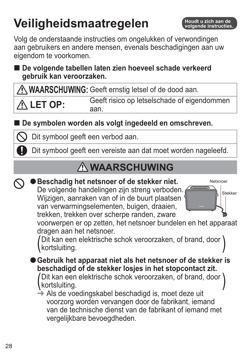 Veiligheidsmaatregelen | Panasonic NTDP1BXE User Manual | Page 29 / 78