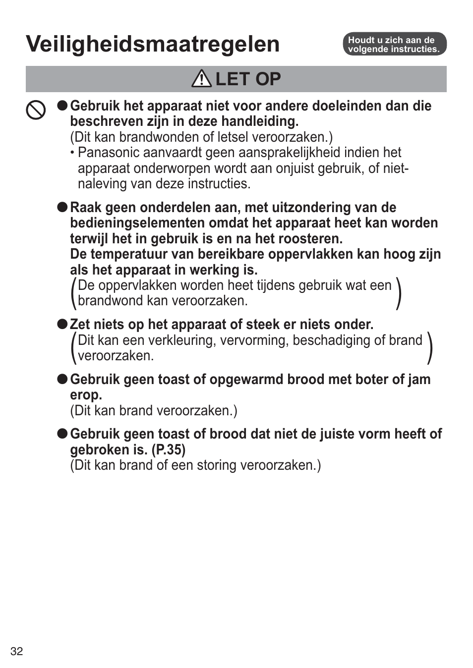 Veiligheidsmaatregelen, Let op | Panasonic NTDP1BXE User Manual | Page 33 / 78