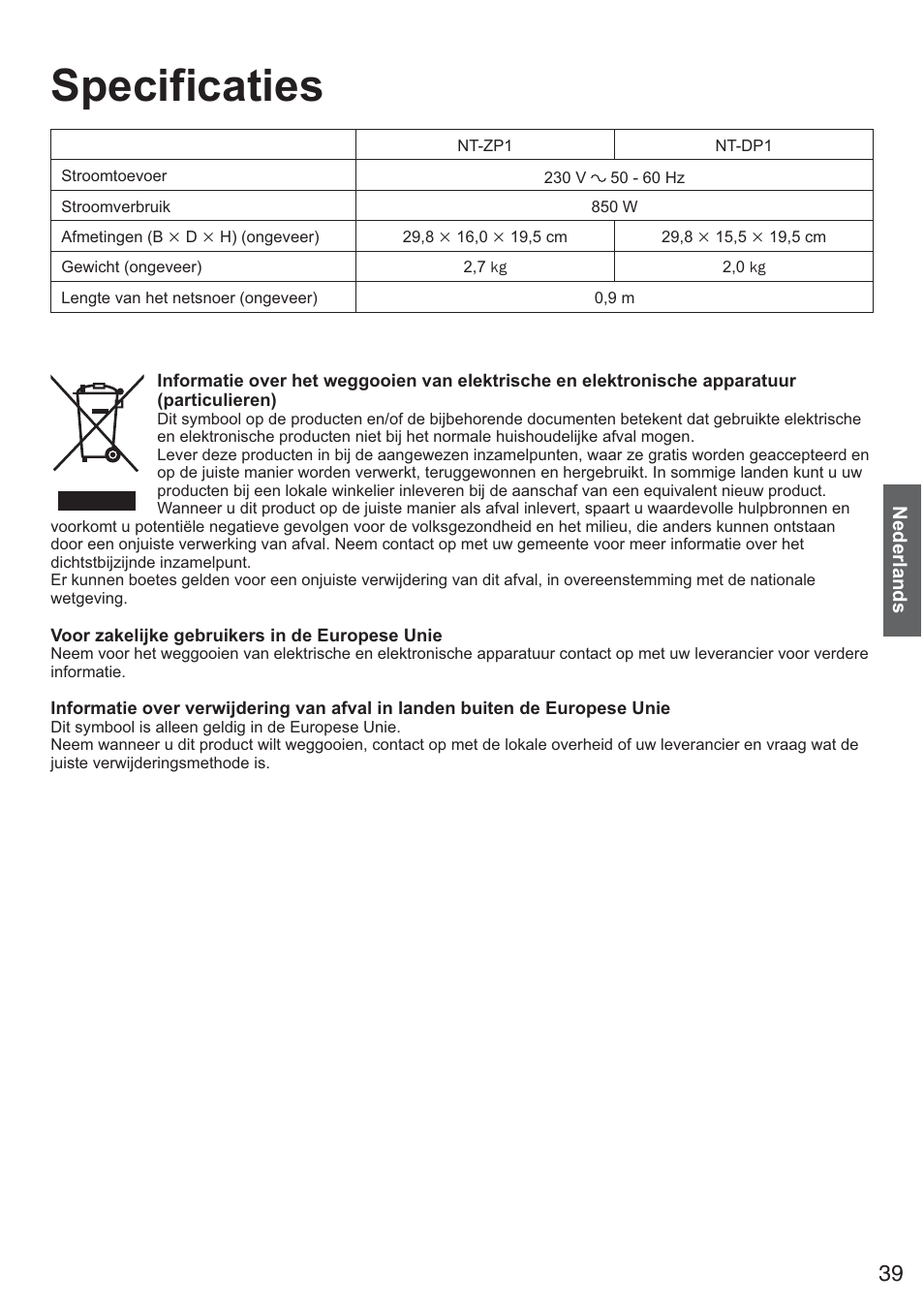 Specificaties | Panasonic NTDP1BXE User Manual | Page 40 / 78