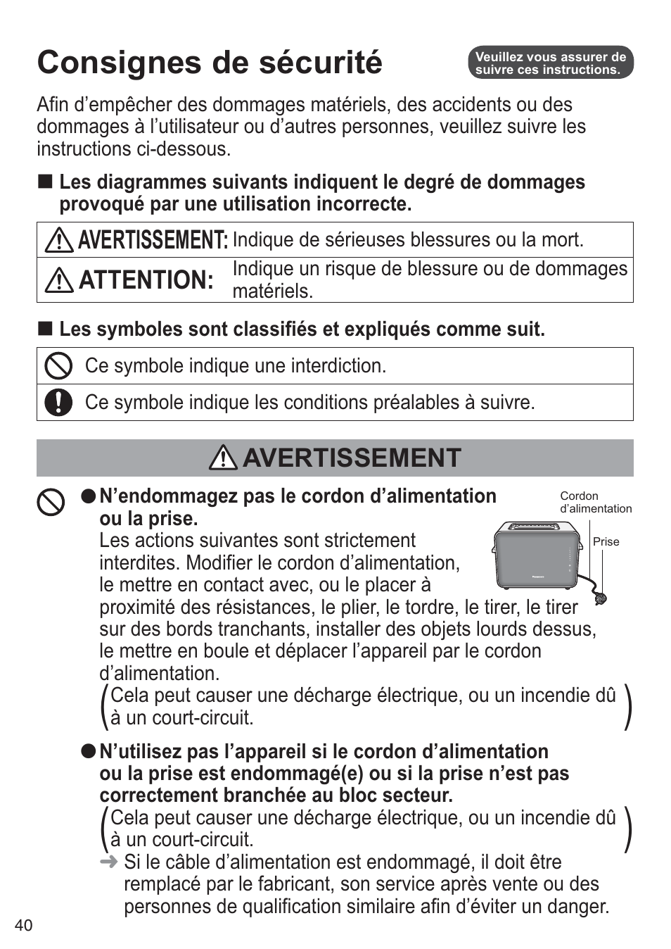 Consignes de sécurité | Panasonic NTDP1BXE User Manual | Page 41 / 78