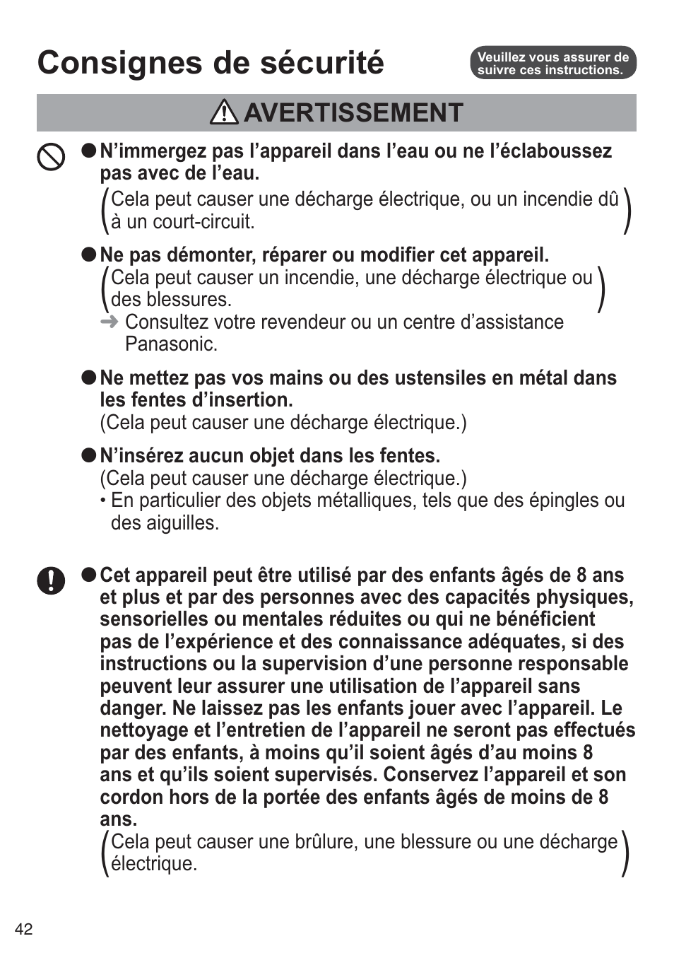 Consignes de sécurité | Panasonic NTDP1BXE User Manual | Page 43 / 78