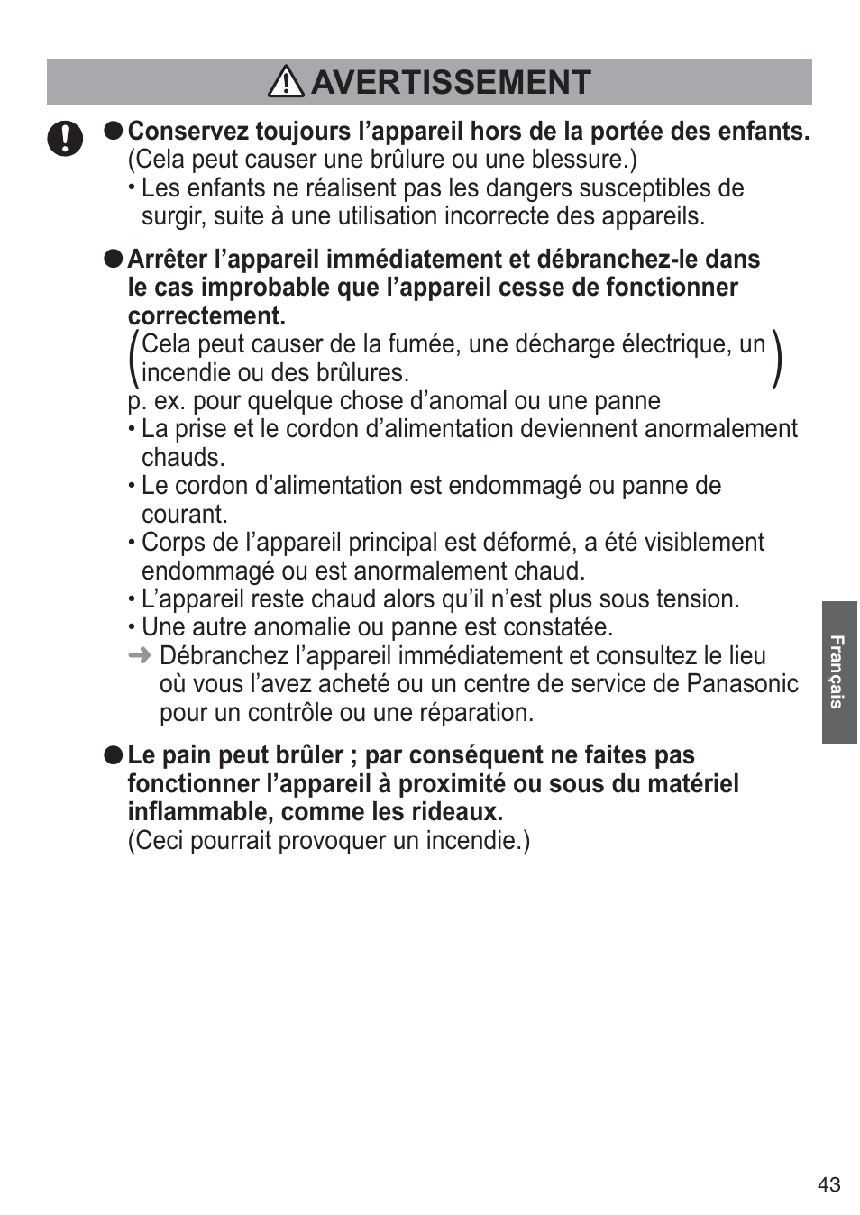 Avertissement | Panasonic NTDP1BXE User Manual | Page 44 / 78