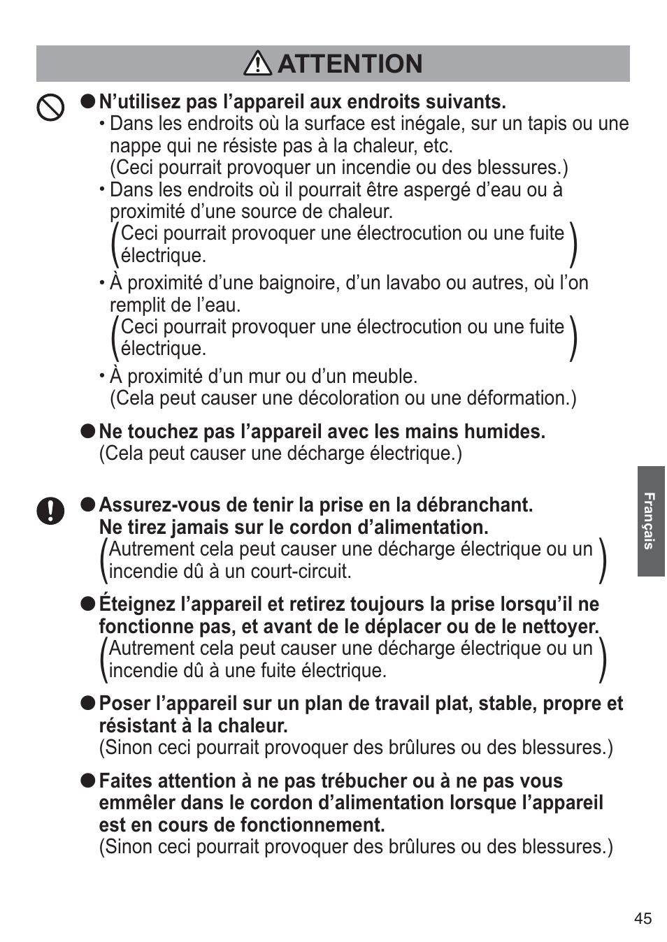 Attention | Panasonic NTDP1BXE User Manual | Page 46 / 78