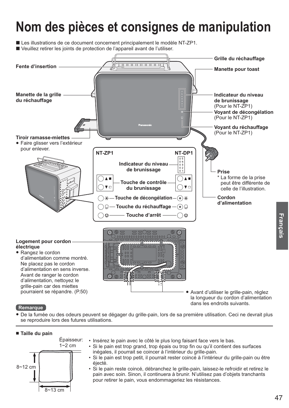 Nom des pièces et consignes de manipulation | Panasonic NTDP1BXE User Manual | Page 48 / 78