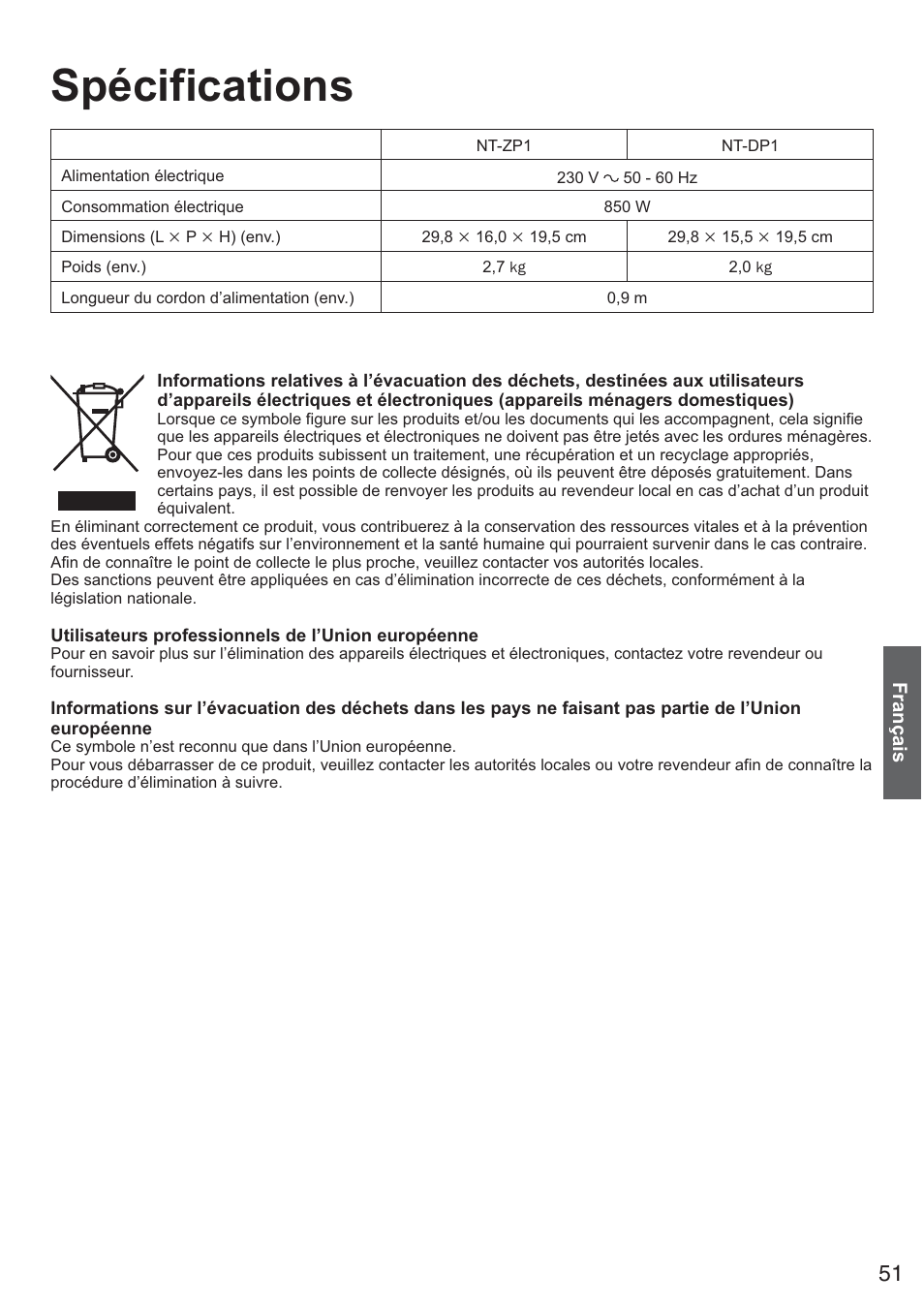 Spécifications | Panasonic NTDP1BXE User Manual | Page 52 / 78