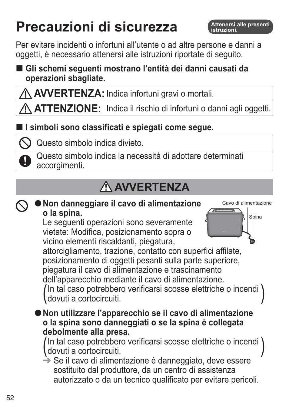 Precauzioni di sicurezza | Panasonic NTDP1BXE User Manual | Page 53 / 78