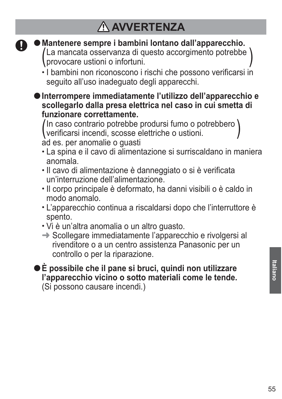 Avvertenza | Panasonic NTDP1BXE User Manual | Page 56 / 78