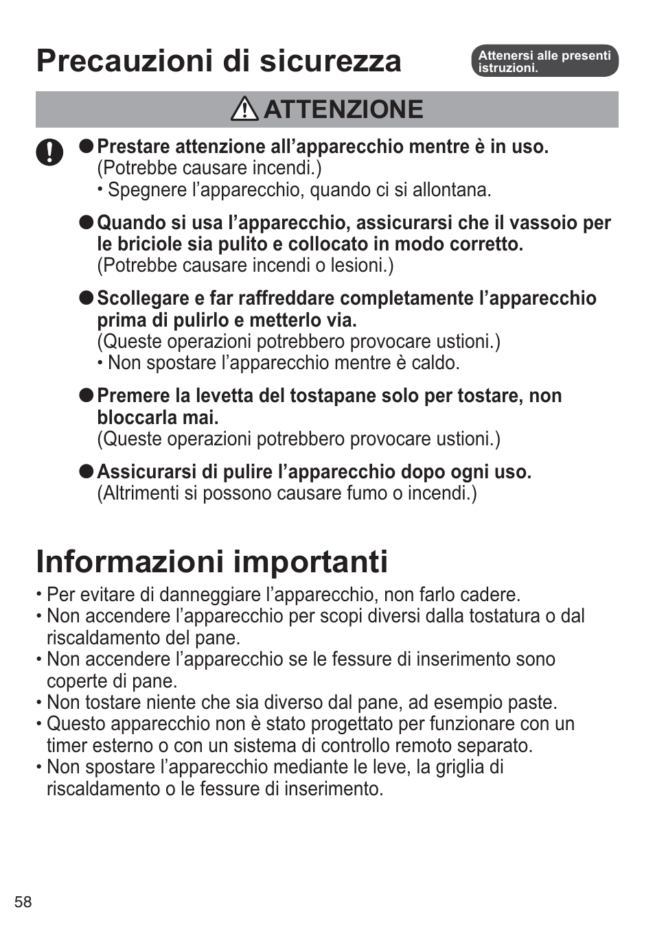 Informazioni importanti, Precauzioni di sicurezza, Attenzione | Altrimenti si possono causare fumo o incendi.), Riscaldamento o le fessure di inserimento | Panasonic NTDP1BXE User Manual | Page 59 / 78