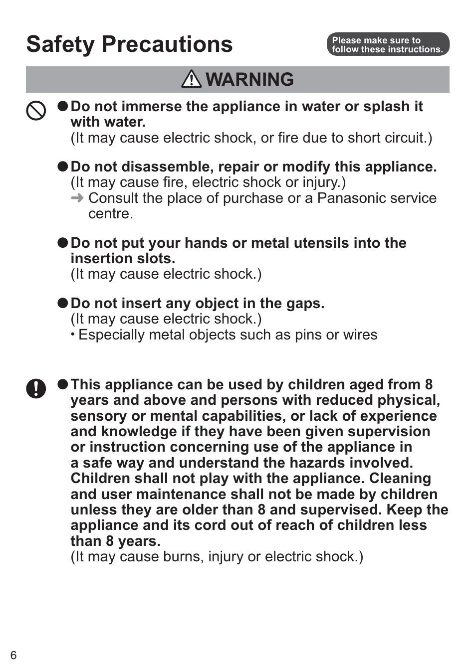 Safety precautions, Warning | Panasonic NTDP1BXE User Manual | Page 7 / 78