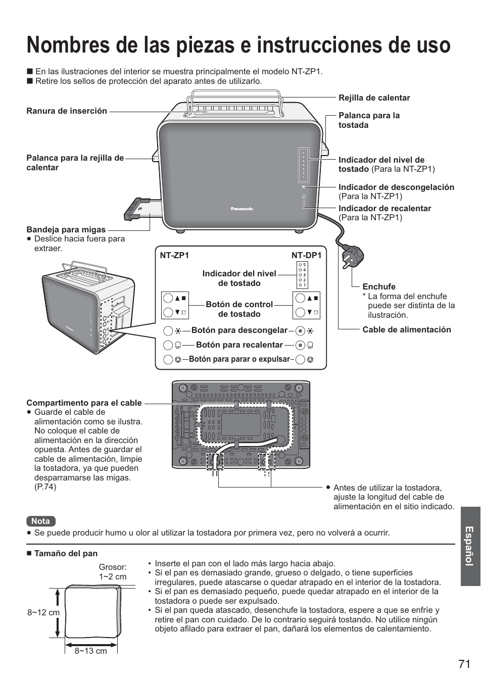 Nombres de las piezas e instrucciones de uso | Panasonic NTDP1BXE User Manual | Page 72 / 78