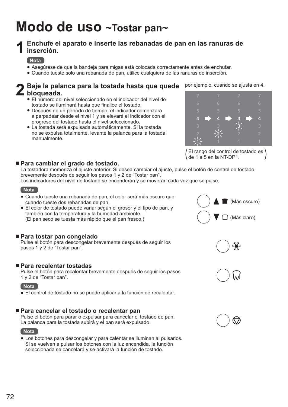 Modo de uso, Tostar pan | Panasonic NTDP1BXE User Manual | Page 73 / 78