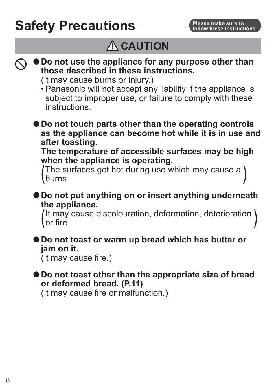 Safety precautions, Caution | Panasonic NTDP1BXE User Manual | Page 9 / 78