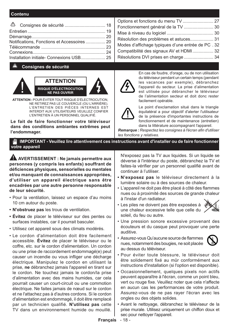 Attention | Panasonic TX32AW304 User Manual | Page 19 / 89