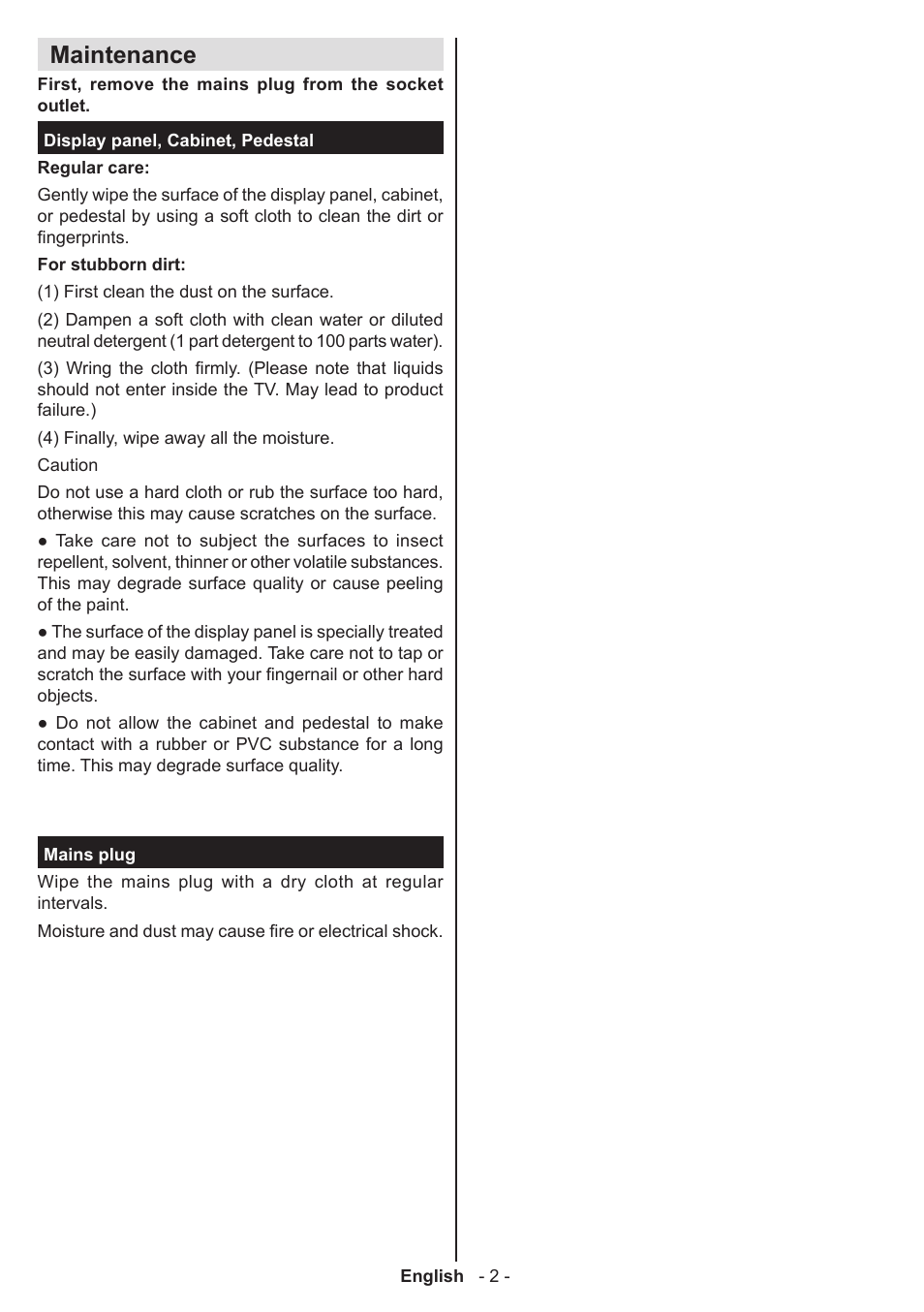 Maintenance | Panasonic TX32AW304 User Manual | Page 3 / 89