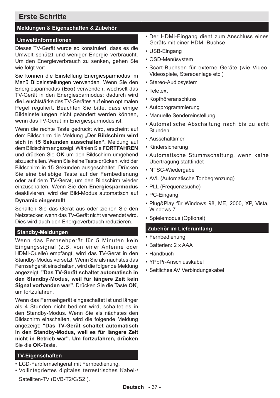 Erste schritte | Panasonic TX32AW304 User Manual | Page 38 / 89
