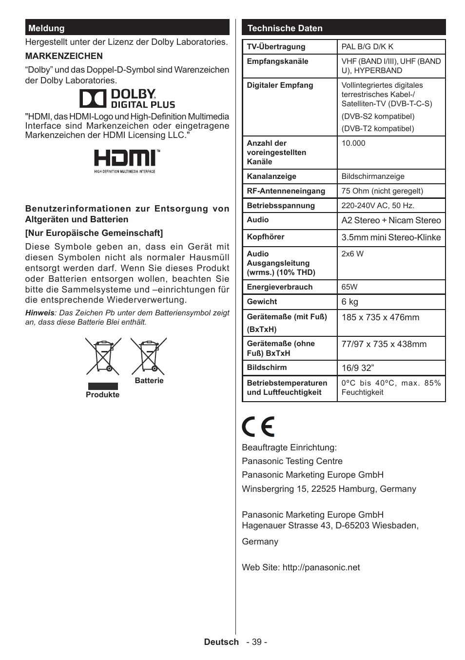 Panasonic TX32AW304 User Manual | Page 40 / 89