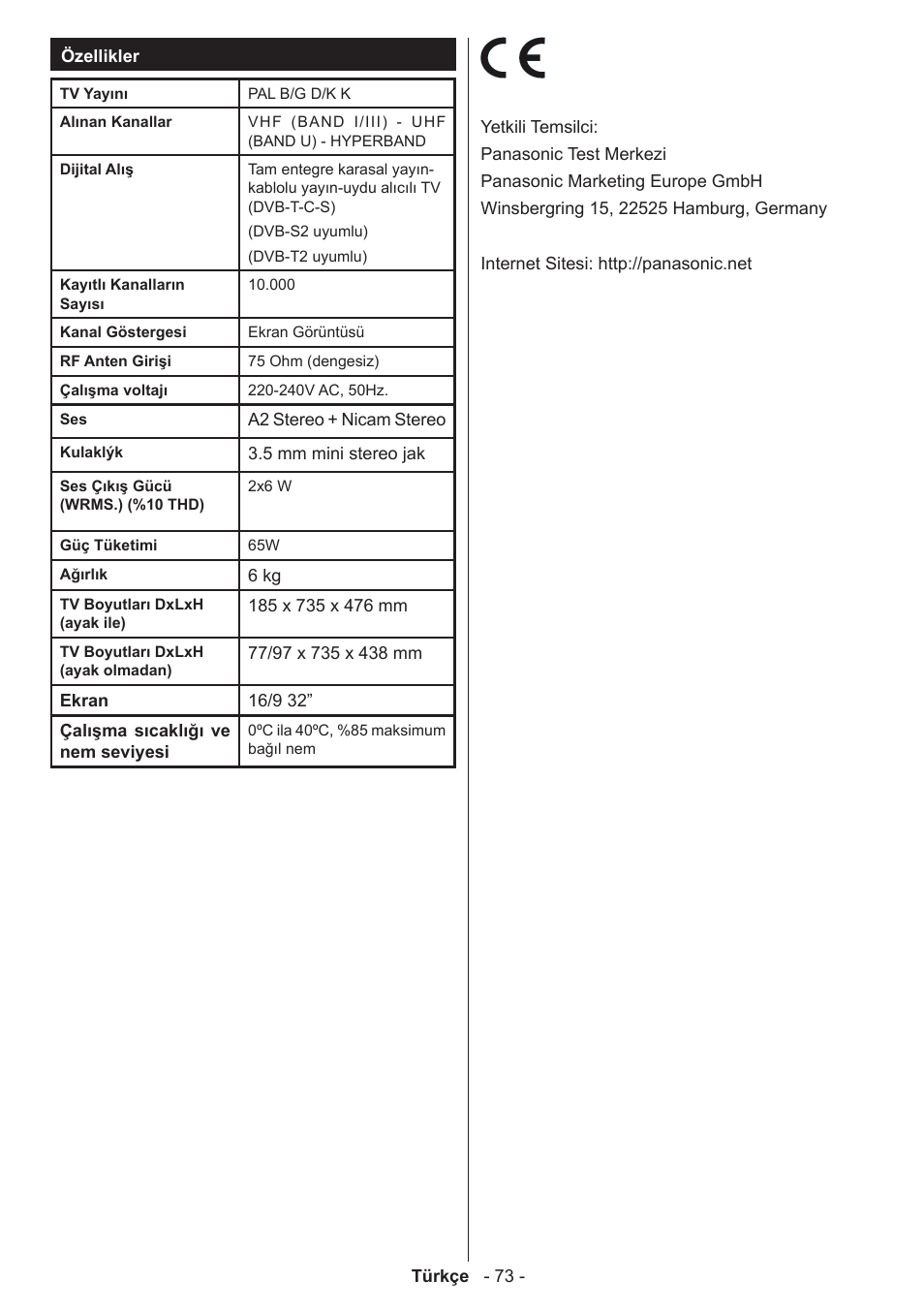 Panasonic TX32AW304 User Manual | Page 74 / 89