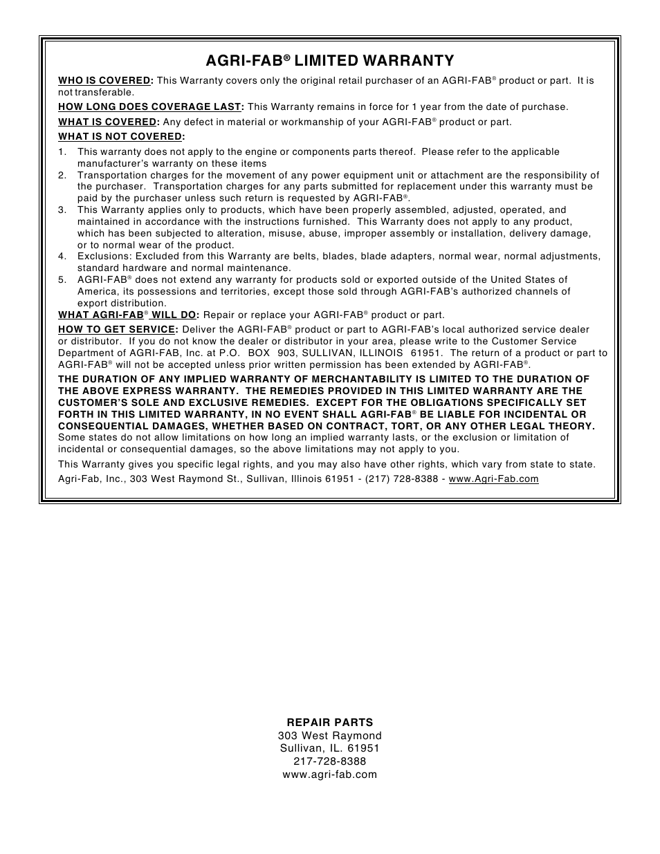 Agri-fab, Limited warranty | Agri-Fab 45-01872 User Manual | Page 12 / 12