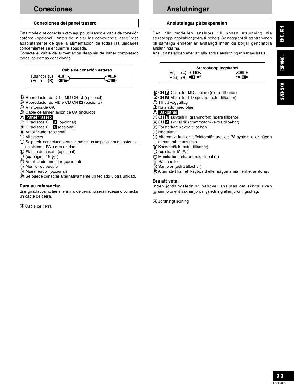 Conexiones, Anslutningar | Panasonic SHEX1200 User Manual | Page 11 / 48
