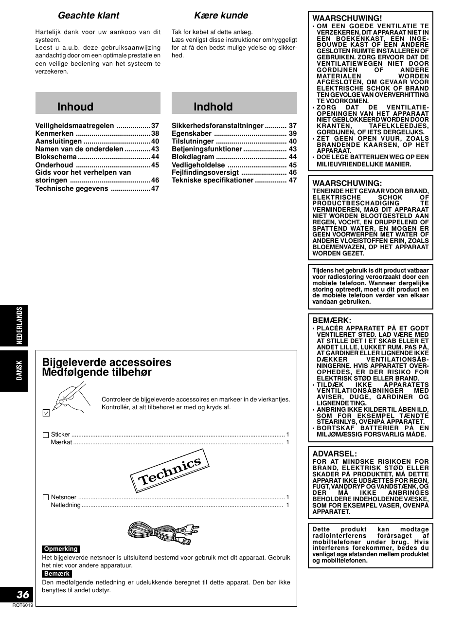 Inhoud, Bijgeleverde accessoires medfølgende tilbehør, Indhold | Geachte klant, Kære kunde | Panasonic SHEX1200 User Manual | Page 36 / 48