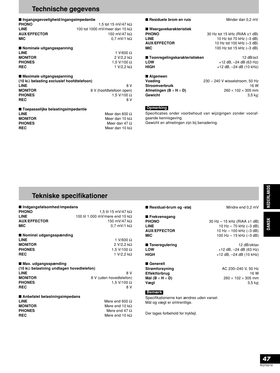 Technische gegevens tekniske specifikationer | Panasonic SHEX1200 User Manual | Page 47 / 48