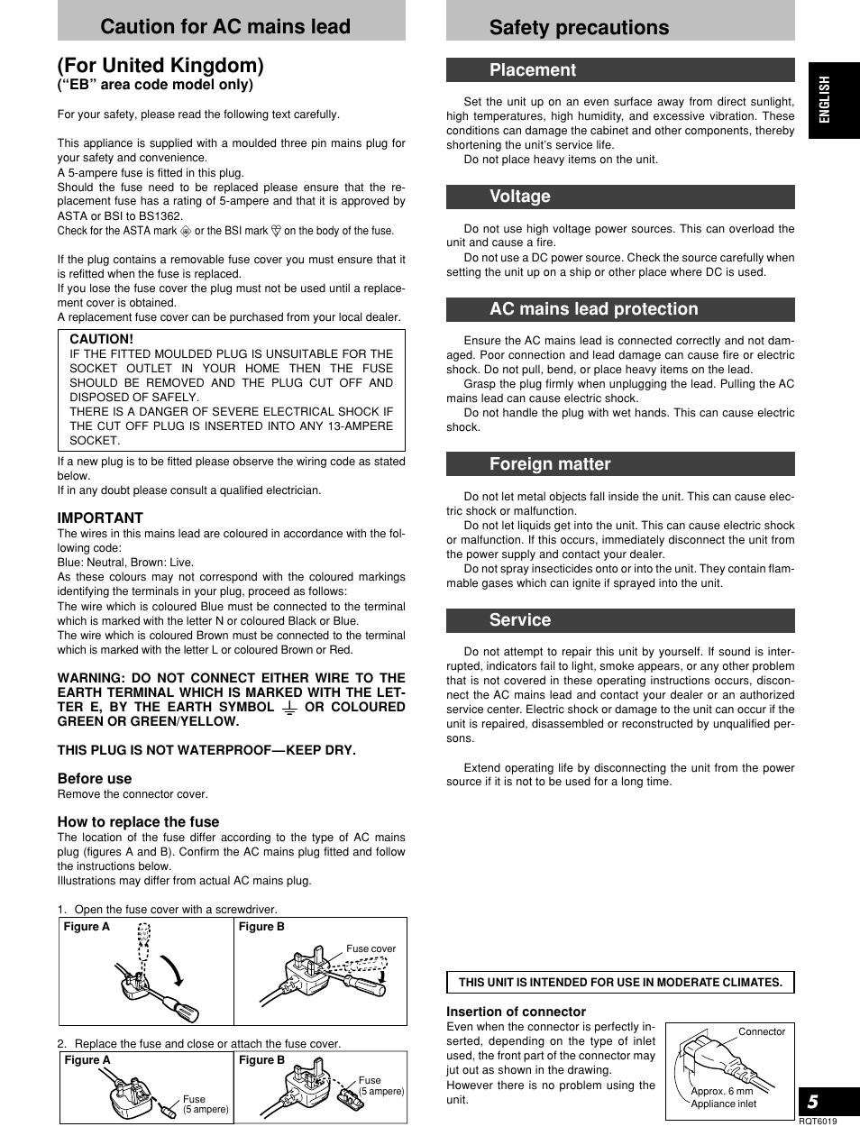 For united kingdom), Caution for ac mains lead safety precautions, Placement | Voltage, Ac mains lead protection, Foreign matter, Service | Panasonic SHEX1200 User Manual | Page 5 / 48