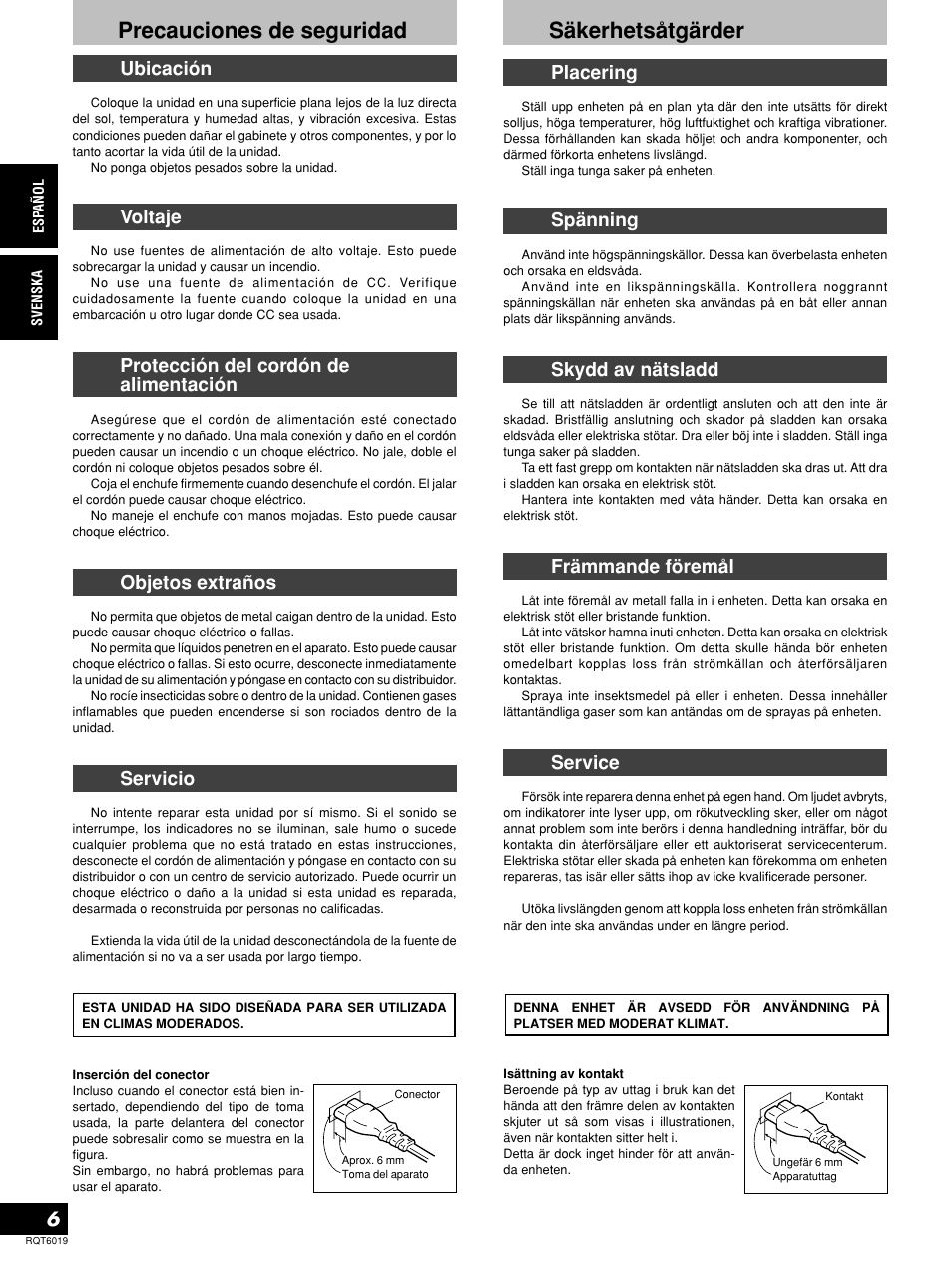 Precauciones de seguridad, Säkerhetsåtgärder, Ubicación | Voltaje, Protección del cordón de alimentación, Objetos extraños, Servicio, Placering, Spänning, Skydd av nätsladd | Panasonic SHEX1200 User Manual | Page 6 / 48