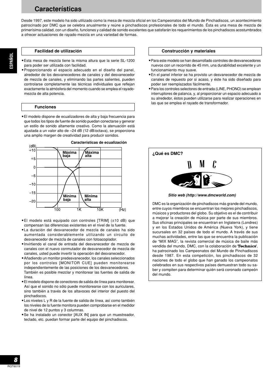 Características | Panasonic SHEX1200 User Manual | Page 8 / 48