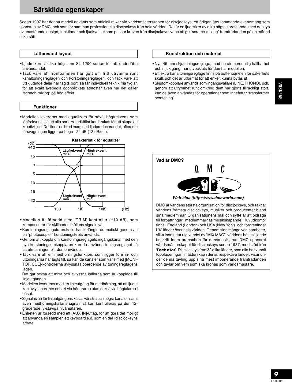 Särskilda egenskaper | Panasonic SHEX1200 User Manual | Page 9 / 48