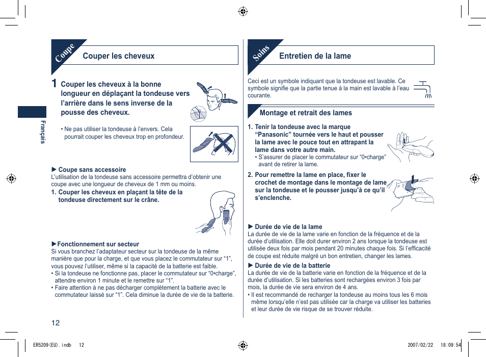 Soins, Coupe | Panasonic ER5209 User Manual | Page 12 / 41