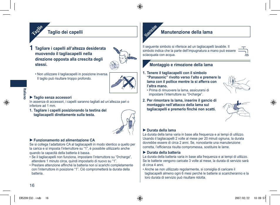 Manutenzione, Taglio | Panasonic ER5209 User Manual | Page 16 / 41