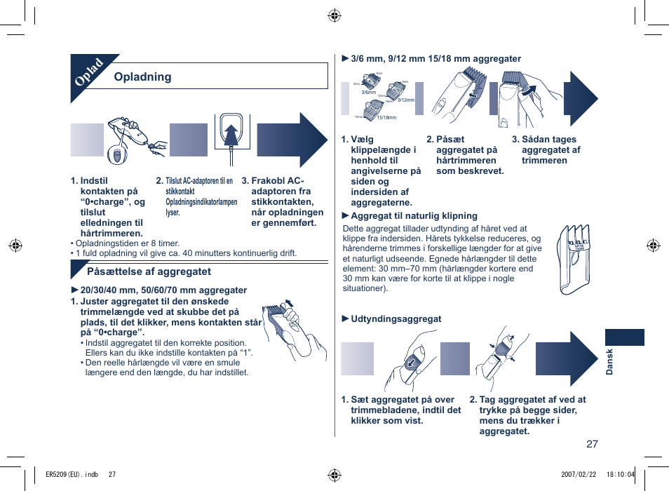 Oplad, Opladning | Panasonic ER5209 User Manual | Page 27 / 41