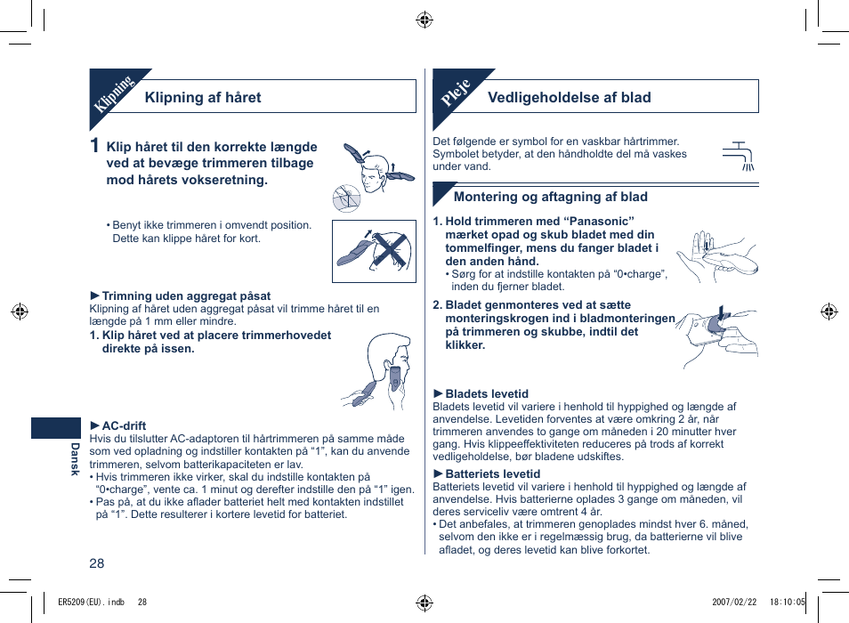 Pleje, Klipning | Panasonic ER5209 User Manual | Page 28 / 41