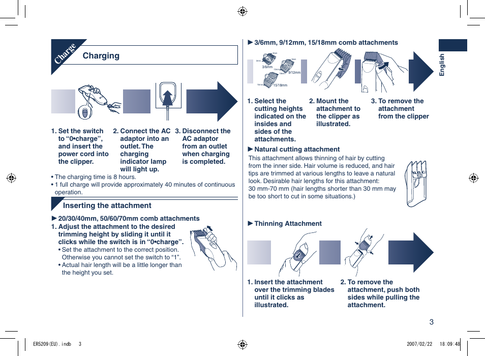 Char ge, Charging | Panasonic ER5209 User Manual | Page 3 / 41