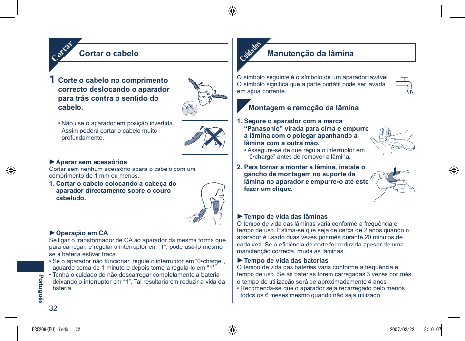 Cuidados, Cortar | Panasonic ER5209 User Manual | Page 32 / 41