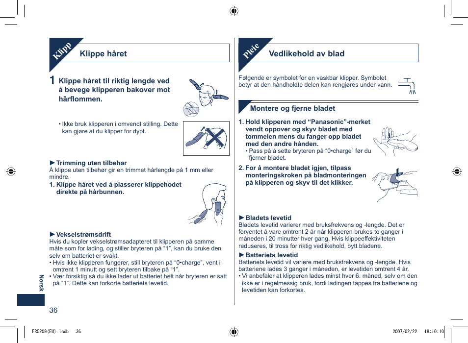 Pleie, Klipp | Panasonic ER5209 User Manual | Page 36 / 41