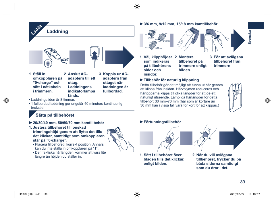 Ladda, Laddning | Panasonic ER5209 User Manual | Page 39 / 41