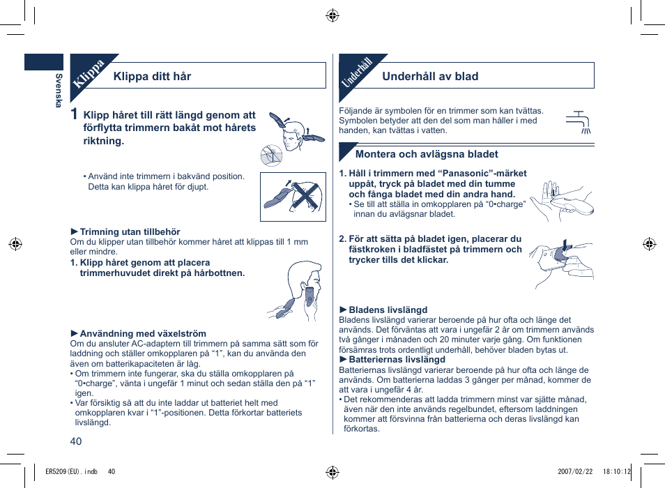Underhåll, Klippa | Panasonic ER5209 User Manual | Page 40 / 41