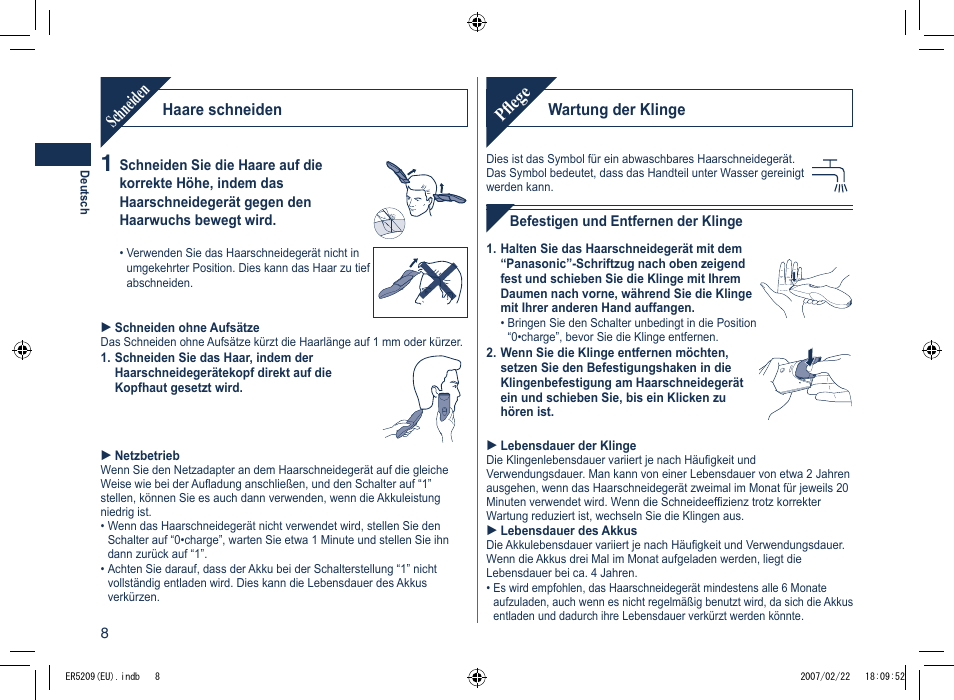 Pfl ege, Schneiden | Panasonic ER5209 User Manual | Page 8 / 41